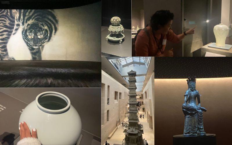صور مجمعة داخل المتحف الوطني الكوري تظهر بعض المعروضات من الفخار، الآثار البوذية، العروض البصرية للرموز التاريخية، ونموذج لفن العمارة الكوري. (الصور من إيمان الأشقر.)