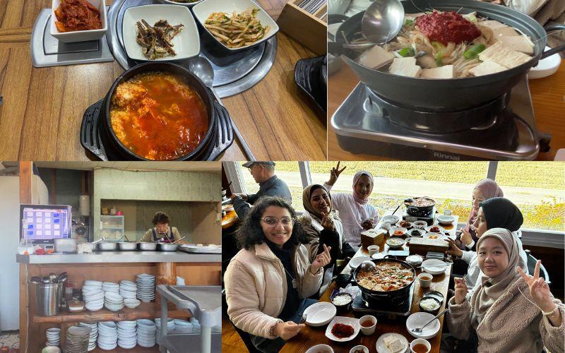 يظهر تصميم الصورة في الأعلى على اليمين إحدى طرق طهي التوفو بدون إضافات كثيرة أو صوصات داخل إحدى المطاعم التي زرناها، وعلى اليسار إحدى طرق طهي التوفو في صلصة حارة مع أطباق جانبية مختلفة مثل سمك الأنشوجا المعروف بالميولشي بوكيم، وفي الأسفل على اليمين صورة جماعية داخل مطعم التوفو التقليدي بمدينة باجو، وعلى اليسار صورة لركن الطبخ ومستلزمات الأكل داخل المطعم. (الصور من إيمان الأشقر.)