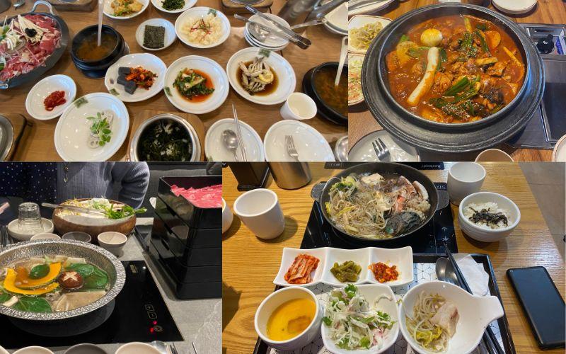 صور مجمعة لعدة أطباق من مختلف المطاعم خلال الجولة: يظهر تصميم الصورة على اليمين في الأعلى هوت بوت يحتوي على دجاج وتوكبوكي، وفي الأسفل هوت بوت يحتوي على مختلف المأكولات البحرية، وعلى اليسار في الأعلى طبق التشادولباكي مع الأطباق الجانبية وهو لحم رفيع يطهى في دقائق، وفي الأسفل طبق الشابو شابو وهو أيضًا لحم رقيق للغاية يتم طهيه في دقيقة واحدة في ماء مغلي. (الصور من إيمان الأشقر.)