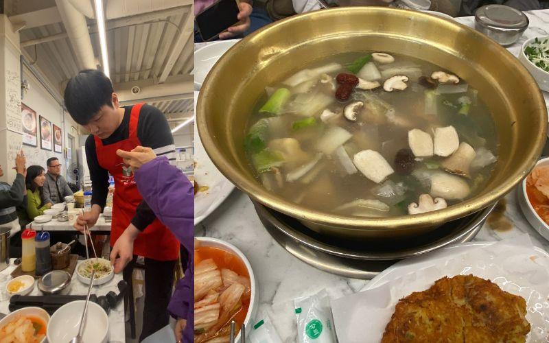 على اليسار صورة لإحدى العاملين بالمطعم خلال شرحه لنا لطريقة مزج الصلصات للأكل، وعلى اليمبن صورة للدجاج أثناء طهيه داخل المطعم. (الصور من إيمان الأشقر.)