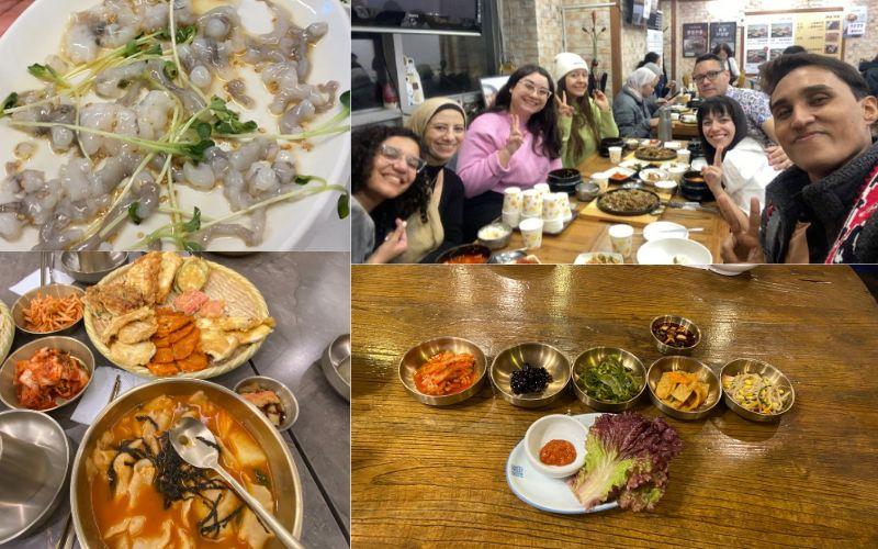 صور مجمعة داخل مختلف المطاعم خلال الجولة: على اليمين في الأعلى صورة جماعية خلال تناول البولجوجي بأحد المطاعم، في الأسفل الأطباق الجانبية الخاصة بإحدى أطباق السمك في مكان آخر، وعلى اليسار في الأعلى طبق الأخطبوط الكوري التقليدي السان ناكجي وهو يُقدَّم نيئًا تمامًا، وفي الأسفل طبق السوجيبي وهو عجينة من الدقيق تشبه المعكرونة. (الصور من إيمان الأشقر.)