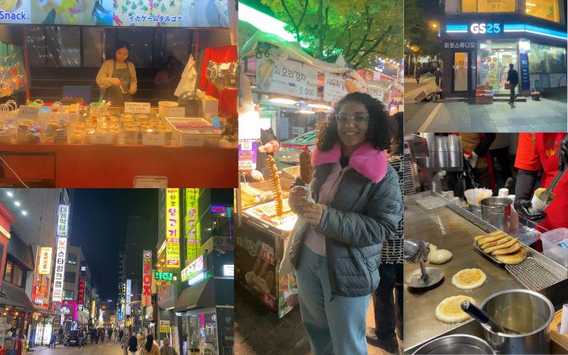 يظهر تصميم الصورة على اليمين في الأعلى إحدى المتاجر التي تعمل على مدار ٢٤ ساعة، وفي الأسفل فطيرة الهوت توك بالقرفة، وفي المنتصف صورة أمام إحدى عربات الكورن دوج، وعلى اليمين في الأعلى إحدى عربات حلوى الدالجونا، وفي الأسفل إحدى شوارع سيول خلال الليل. (الصور من إيمان الأشقر.)