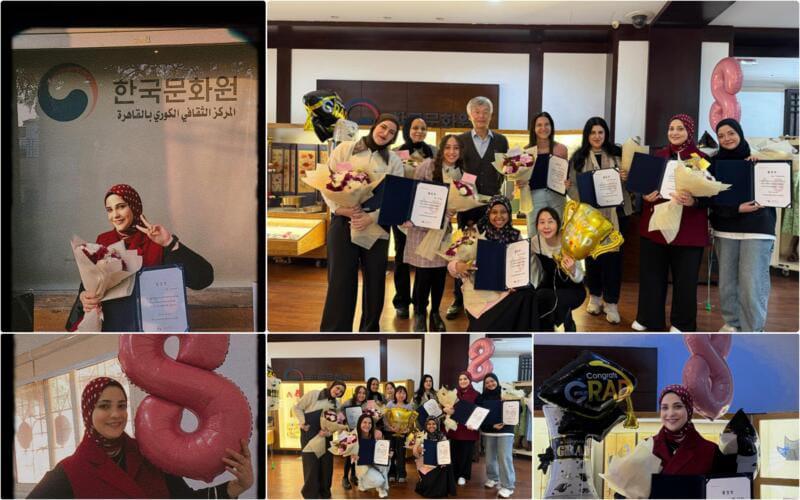 صور للقطات متنوعة، من بينها صورتي مع شهادة التخرج، وديكورات الحفل، بالإضافة إلى صور تجمعني بأصدقائي ومعلمتنا، والسيد أوه سونغ هو مدير المركز الثقافي الكوري في مصر. (الصور من تصوير المراسلة سارة علي فاضل.)