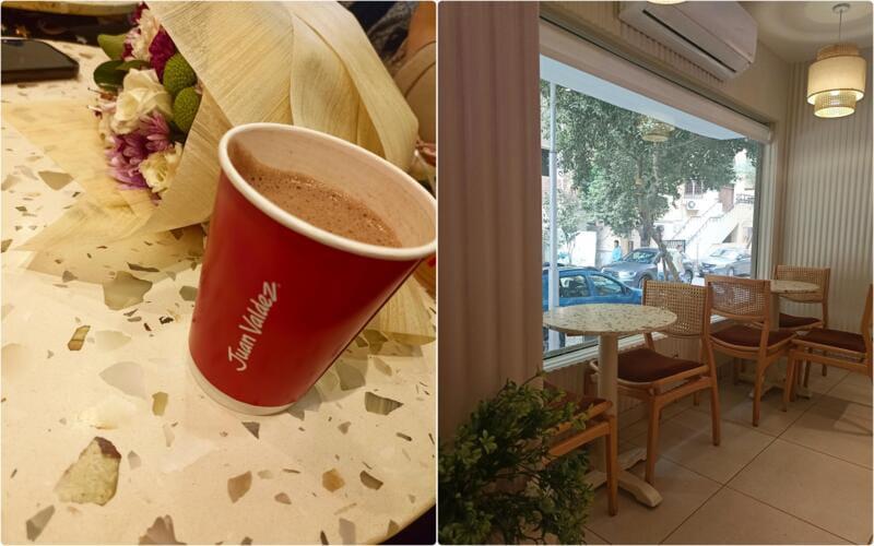 صور المقهى اللطيف الذي ذهبنا إليه في ختام اليوم، بالإضافة إلى مشروب الشوكولاتة الساخنة الذي تناولته، والذي كان لذيذًا للغاية. (الصور من تصوير المراسلة سارة علي فاضل.)