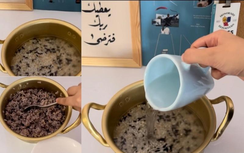 طبق الأرز الكوري الأسود أو البنفسجي بعد التسوية. (حقوق ملكية الصور محفوظة للمراسلة الفخرية اية فهمي الحديدي)