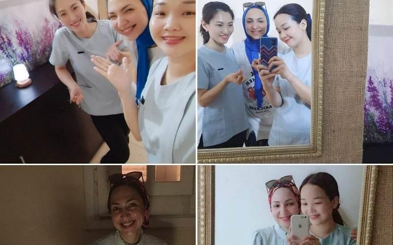 صورة مجمعة لي مع حياة وايمان خبراء العناية بالشعر والبشرة الكوريين. (الصورة من شيماء رشدي مع الإذن.)