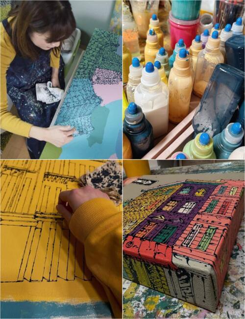 نرى في الصور الفنانة الكورية ييريم لي أثناء عملها على رسم لوحاتها في الاستوديو الخاص بها (الصور من ييريم لي وتم أخذ الإذن لاستخدامها.)