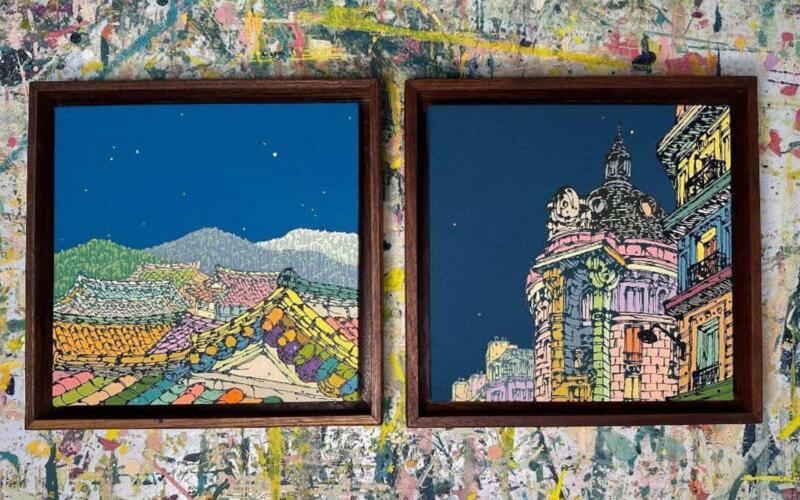 نرى في الصورة لوحتي باريس وسيؤول على طاولة الاستوديو الخاص بالفنانة ييريم لي قبل نقلهما إلى المعارض الفنية (الصور من ييريم لي وتم أخذ الإذن لاستخدامها.)