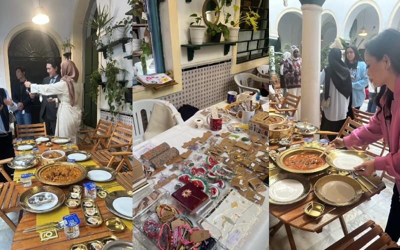 جزء من فعاليات المعرض الثقافي على اليمين واليسار فقرة تذوق الأكل الليبي التقليدي بالإضافة إلى ركن المتاجر المشاركة (الصورة من المراسلة زينب)