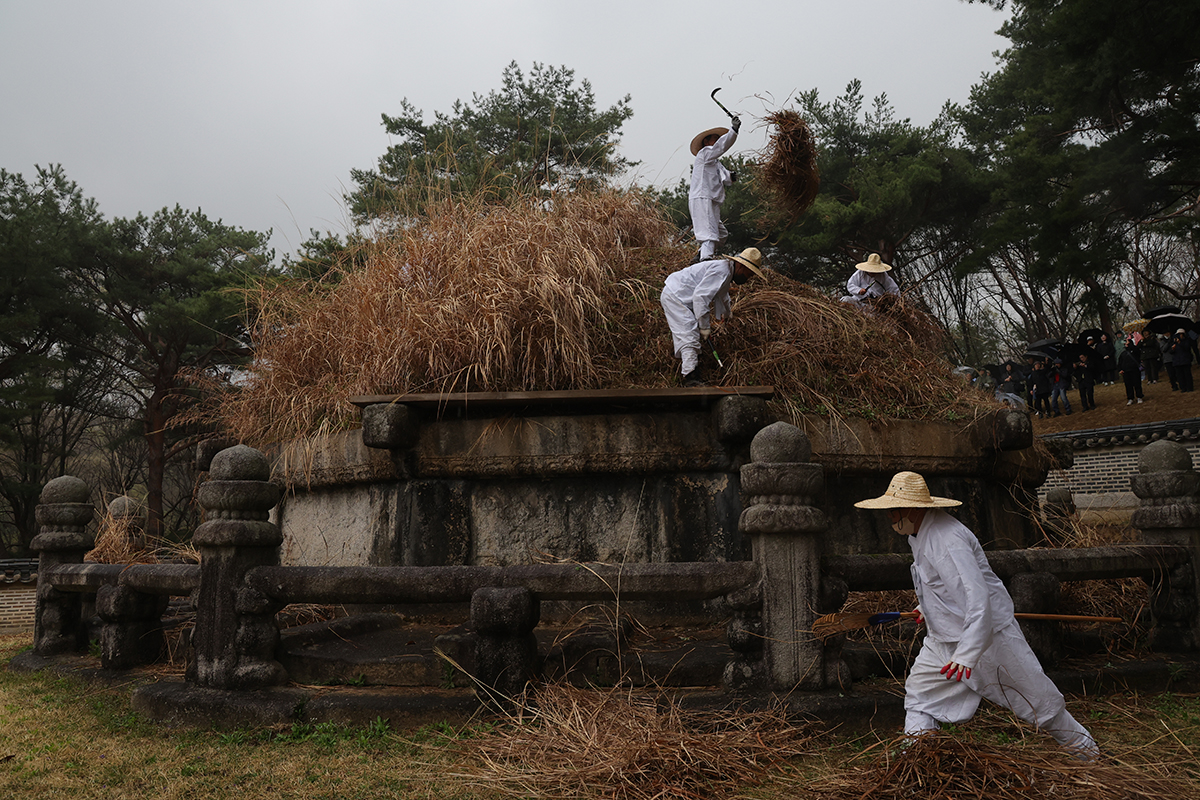 عمال يقصون العشب في ضريح الملك &rsquo;تيه جو&lsquo; مؤسس مملكة جوسون (١٣٩٢-١٩١٠)، في مدينة غوري بمقاطعة غيونغغي في 6 أبريل احتفالاً بـ&rsquo;عيد هانسيك&lsquo;، أو اليوم 105 بعد الانقلاب الشتوي. في هذا اليوم، يُحيي العديد من الكوريين طقوس تكريم الأجداد ويزورون قبورهم لتنظيفها.
