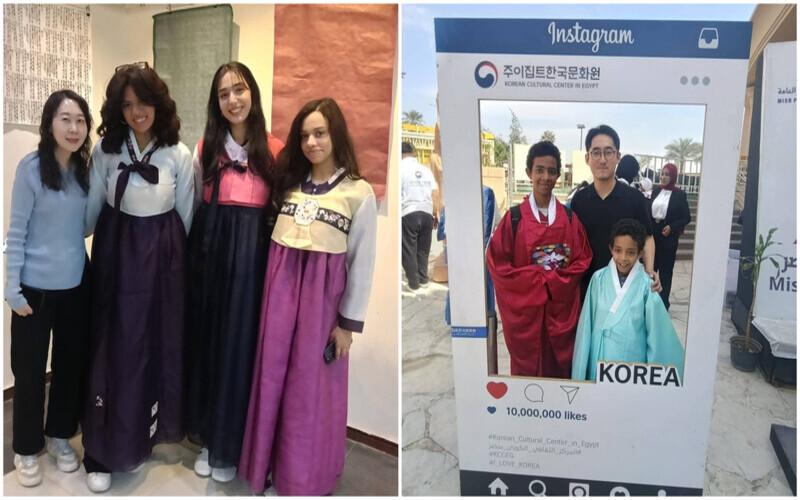 صورة مجمعة لصور تذكارية لبعض الحاضرين وهم يرتدون الهانبوك الكوري. (الصورة من زينب نيازي حسن)