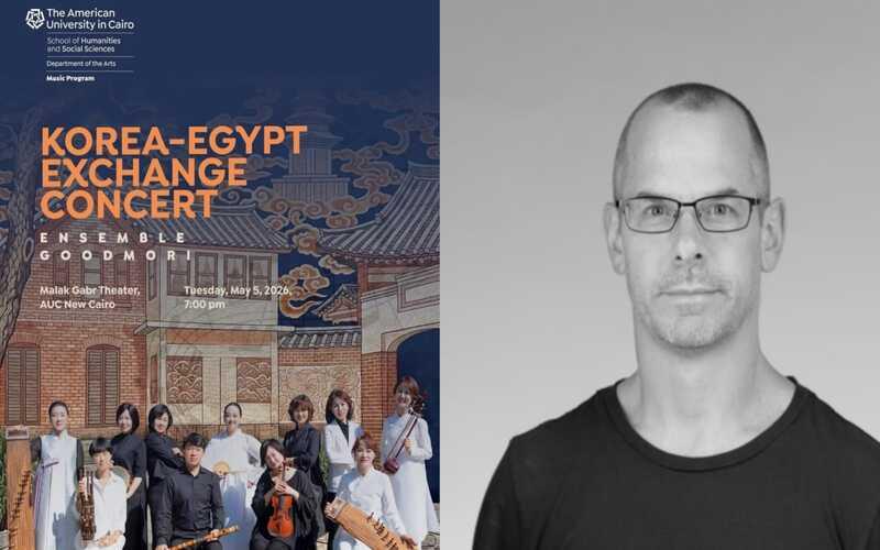 على اليمين صورة للبروفيسور ’ديفيد رافرتي‘ مدير برنامج الموسيقى بالجامعة الأمريكية بالقاهرة ومخرج حفل التبادل بين كوريا ومصر الموسيقي (تم مشاركة الصورة لأغراض النشر من البروفيسور ’ديفيد رافرتي‘ شخصيُا عبر البريد الإلكتروني)، وعلى اليسار الصورة الدعائية للحفل الموسيقي ’التبادل بين كوريا ومصر‘ يظهر فيها أعضاء فرقة ’غوودموري‘ الكورية للموسيقى التقليدية الكورية التي أحيت الحفل بالجامعة الأمريكية بالقاهرة (الصورة من صفحة برنامج الموسيقى بالجامعة الأمريكية بالقاهرة على انستغرام والتصميم من أمنيه أمير)