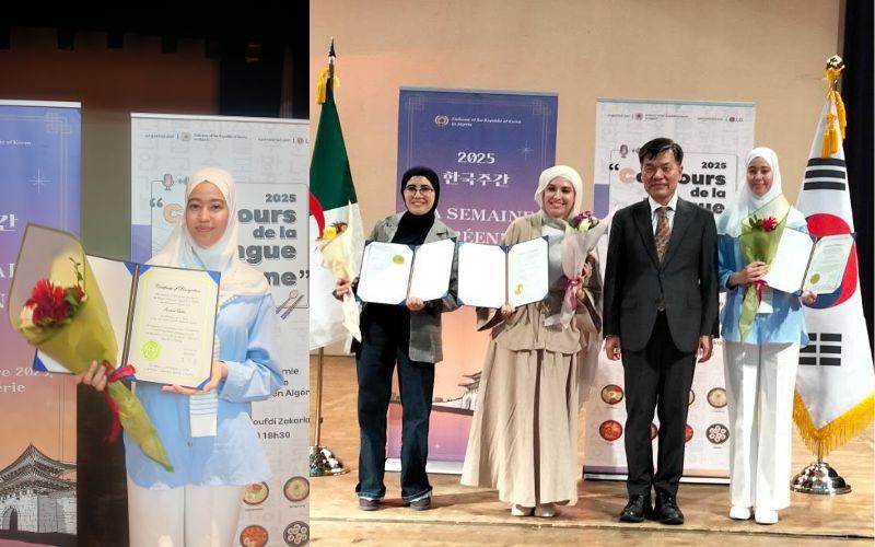 مقابلة مع الفائزة بالمرتبة الأولى في نهائي مسابقة الخطابة الكورية في الجزائر. الصورة على اليمين تظهر سعادة السفير مع الفائزات على المراتب الثلاثة الأولى في المسابقة (مصدر الصورة: السفارة الكورية في الجزائر)، وعلى اليسار أميرة طالبي بعد فوزها في المسابقة (مصدر الصورة: أميرة طالبي مع أخذ الإذن باستخدامها).