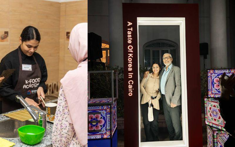 على اليمين صورة لي مع أبي خلال فعالية كي فود في منزل السفير الكوري يوم 6 مايو، وعلى اليسار صورة أختي الصغيرة خلال مشاركتها في أكاديمية كي فود يوم 19 مايو. (الصور من إيمان الأشقر، الصفحة الرسمية للمركز الثقافي الكوري بمصر)