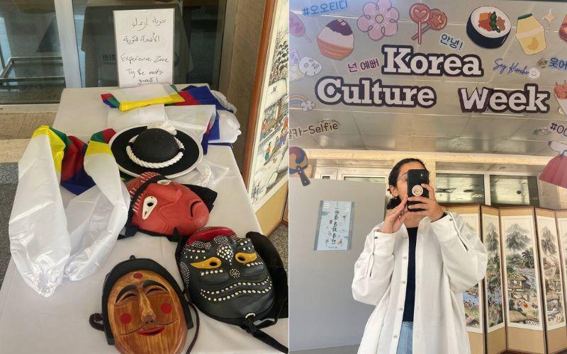 على اليمين صورة لي في ممر ركن أسبوع الثقافة الكورية، وعلى اليسار ركن تجربة الأقنعة خلال الفعالية. (الصور من إيمان الأشقر)