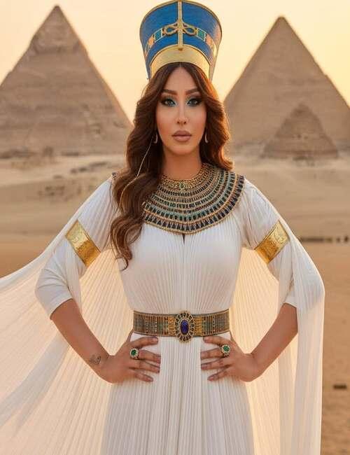 تجسيد معاصر للملكة الفرعونية أمام أهرامات الجيزة الخالدة؛ بزى فرعوني أبيض يجمع بين البساطة والرقي يزينه طوق الرقبة الذهبي المرصع والتاج الملكي المميز. (الصورة من بوسي علي، تم نشرها بإذن منها)
