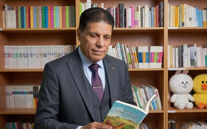 المراسل الفخري لكوريا نت أشرف عزت ممسكاً بالرواية الكورية أمام المكتبة. (صورة من أشرف عزت)