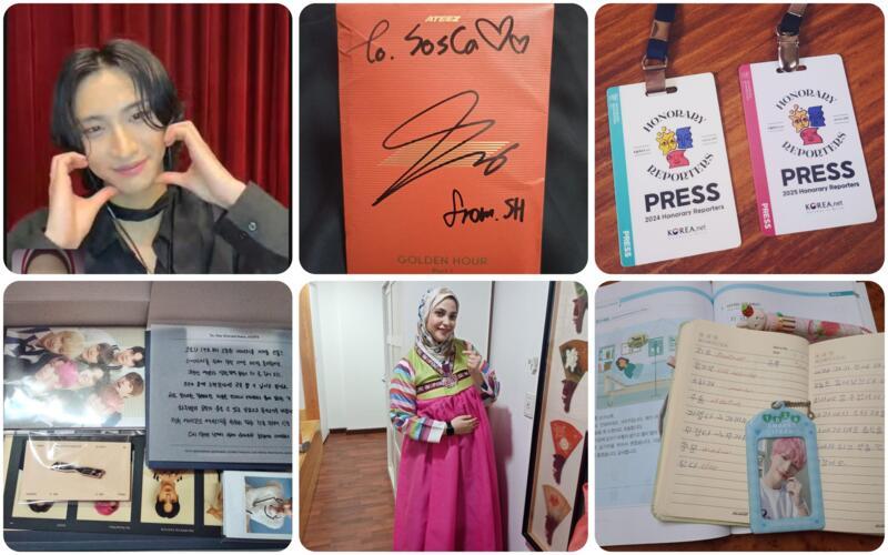 هذه الصور توثق محطات مختلفة من رحلتي مع الثقافة الكورية على مدار السنوات؛ من اقتناء ألبوم لفرقة ايتيز موقّع باسمي المستعار، وصندوق العضوية الرسمي لنادي معجبي الفرقة، إلى تعلم اللغة الكورية والتخرج من معهد الملك سيجونغ، وتجربة ارتداء الهانبوك، والعمل كمراسلة فخرية لدى كوريا نت، وخوض تجربة مكالمة للمعجبين مع بارك سونغ هوا. (الصور من سارة علي فاضل)