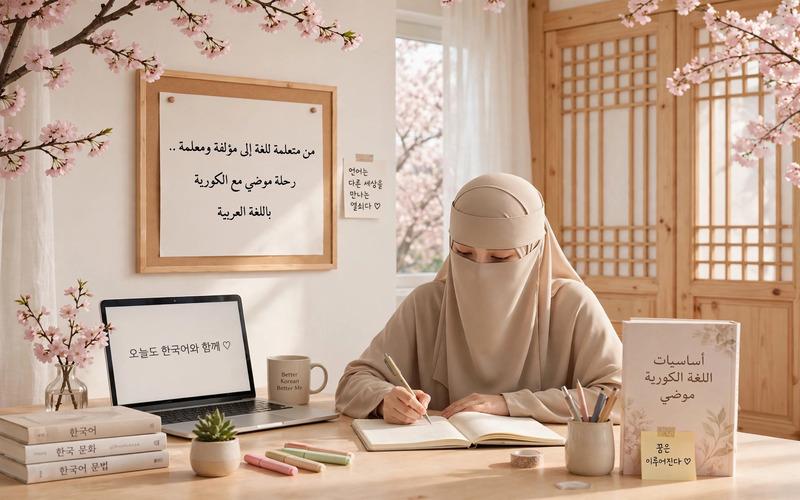 صورة تعبيرية تجسد شغف موضي الحديثي باللغة الكورية، أعدتها المراسلة الفخرية نورا خليل محمد باستخدام الذكاء الاصطناعي. (المصدر: المراسلة الفخرية نورا خليل محمد)